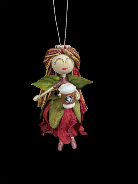 Red Flower Fairy with Coffee Cup